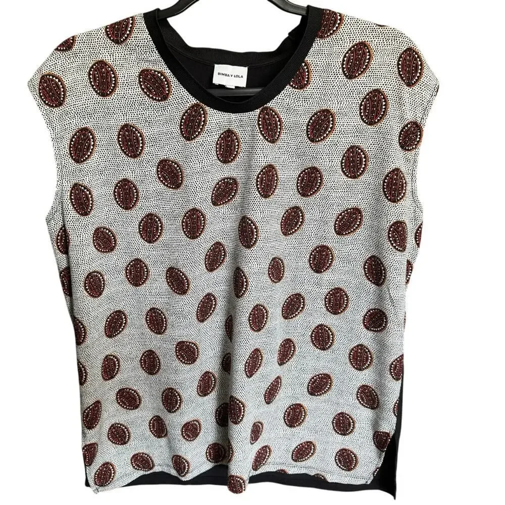 Bimba Y Lola Abstract Print Sleeveless Top Blouse White Black Size Medium - Picture 2 of 7